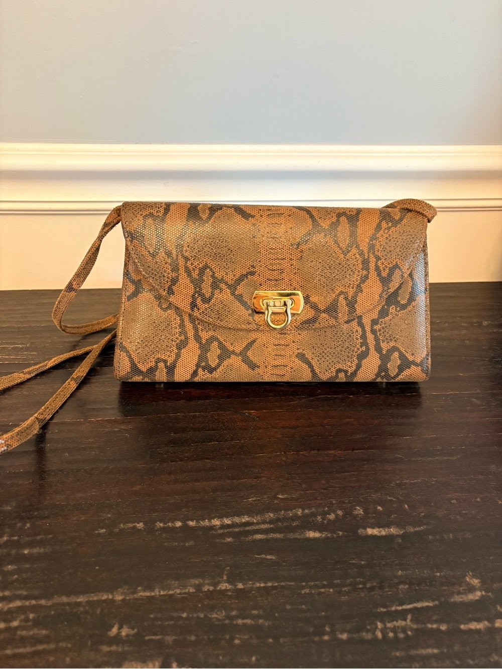 Vintage Manolucci Leather Snakeskin Crossbody Clutch Bag Gold Horsebit Hardware